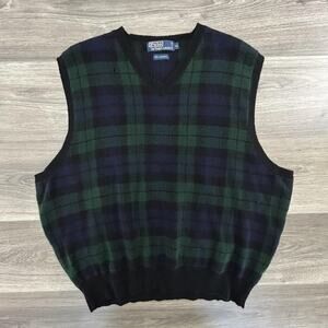 Vintage Polo Ralph Lauren Sweater Vest Mens XL Tartan Plaid Lambswool Preppy